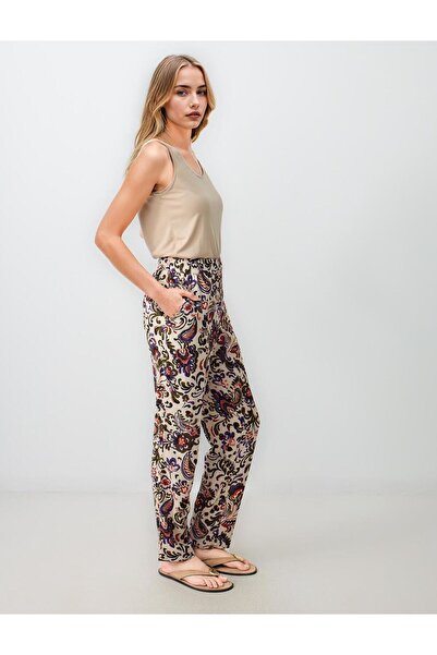 Jimmy Key Bej Yüksek Bel Bol Paça Desenli Dokuma Pantolon