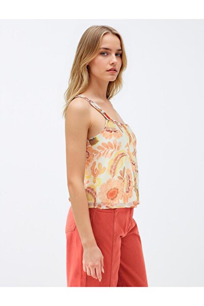 Jimmy Key Sarı Askılı Kare Yaka Desenli Dokuma Bluz