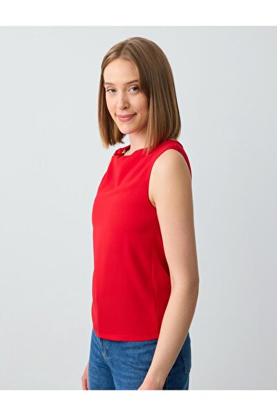 Jimmy Key Kırmızı Düz Kesim Kayık Yaka Kolsuz Dokuma Bluz
