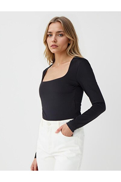 Jimmy Key Bluză tricotată cu mânecă lungă, cu decolteu pătrat negru, slim fit