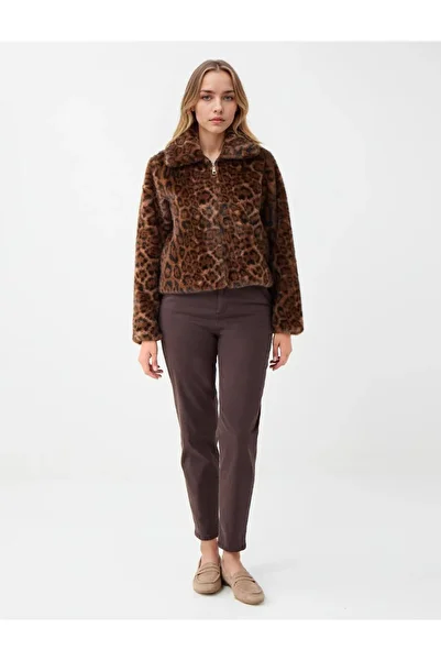 Jimmy Key Brown Leopard Patterned Plush Coat with Pocket Detail