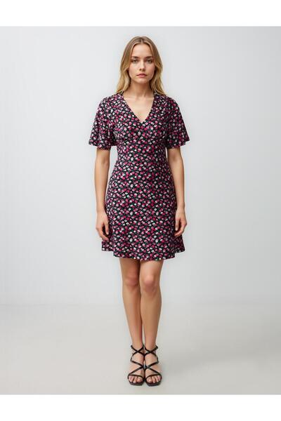 Jimmy Key Rochie mini tricotată cu mânecă scurtă, cu decolteu în V, roz