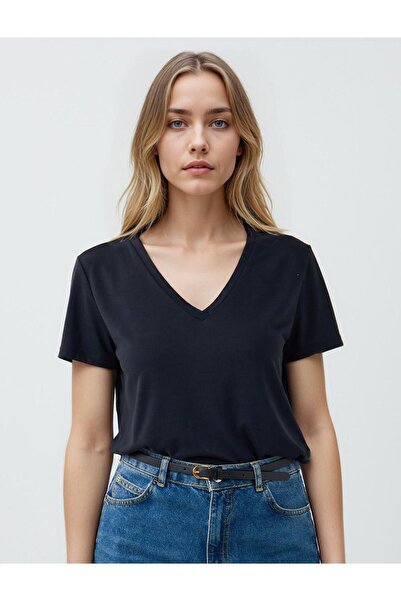 Jimmy Key Black V-Neck Short Sleeve Knitted Modal T-Shirt