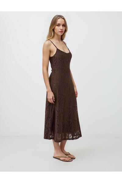 Jimmy Key Bitter Brown V-Neck Strappy Midi Knitted Dress with Lace Detail