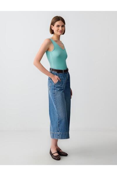 Jimmy Key İndigo Mavi %100 Pamuk Rahat Kesim Yüksek Bel Bol Paça Denim Pantolon