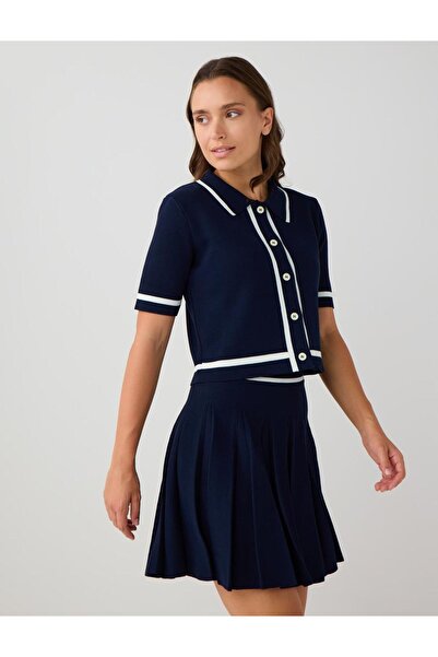 Jimmy Key Lacivert Normal Bel Düz Kesim Piliseli Triko Mini Etek