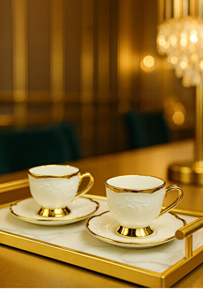 YzHome Set of 2 Porcelain White Gold Gilded Coffee Cup Set 80cc