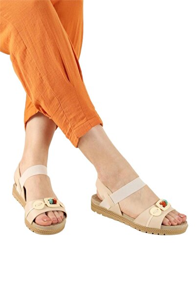 Liger Μπεζ γυναικεία σανδάλια - με ελαστικό και λεπτομέρεια από χάντρες