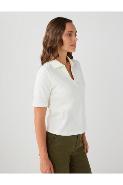 Jimmy Key Ekru %100 Pamuk Kısa Kollu Gömlek Yaka Örme Bluz