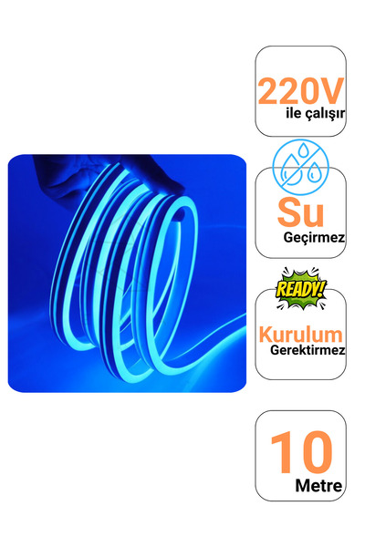 Ema Dükkan 10 Metre Mavi 220 Volt Neon Led Tak Çalıştır Esnek Şerit Neon Led Aydınlatma 8x16 Mm Hortum Led