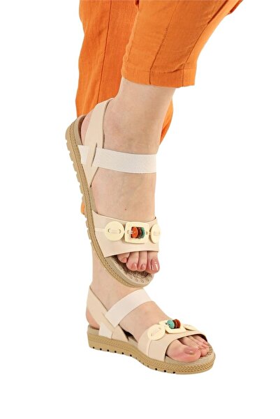 Liger Sandale de damă bej - cu elastic și cu mărgele