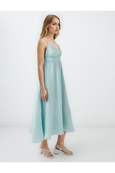 Jimmy Key Turkuaz %100 Keten Askılı V Yaka Midi Elbise