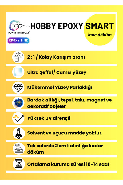 POWER TIME EPOXY 15 Kg Hobby Epoxy Smart 6'lı Toz Sedefli Pigment/ Ultra Şeffaf Parlak Epoksi Reçine Ince Döküm