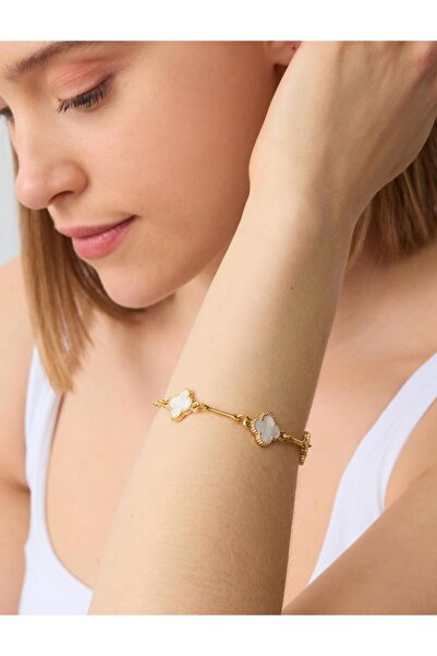 Jimmy Key Beyaz Parlak Yonca Figürlü Bileklik