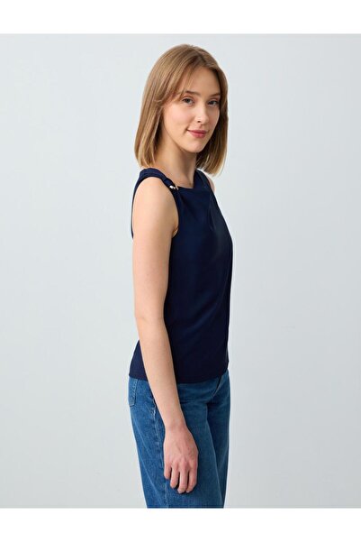 Jimmy Key Lacivert Düz Kesim Kayık Yaka Kolsuz Dokuma Bluz