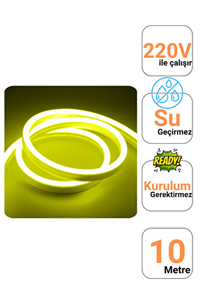 Ema Dükkan 10 Metre Limon Sarısı 220 Volt Neon Led Tak Çalıştır Şerit Neon Led Aydınlatma 8x16 Mm Hortum Led