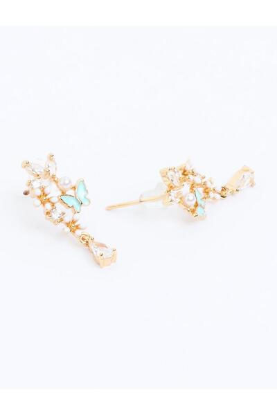 Jimmy Key Gold Color Pearl Detailed Butterfly Figured Earrings