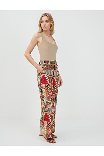 Jimmy Key Yeşil Yüksek Bel Bol Paça Uzun Desenli Pantolon