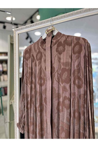 MERAM BUTİK PUANE İPEK CUPRA GÜL DESENLİ ELBİSE - KAHVERENGİ - S