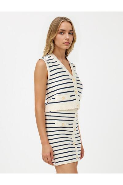 Jimmy Key Ekru Normal Bel Çizgi Desenli Mini Triko Etek