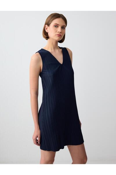Jimmy Key Navy Blue Relaxed Cut V Neck Sleeveless Striped Knitted Mini Dress