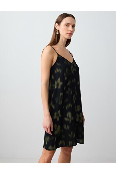 Jimmy Key Black Relaxed Cut Strap V-Neck Patterned Woven Mini Dress