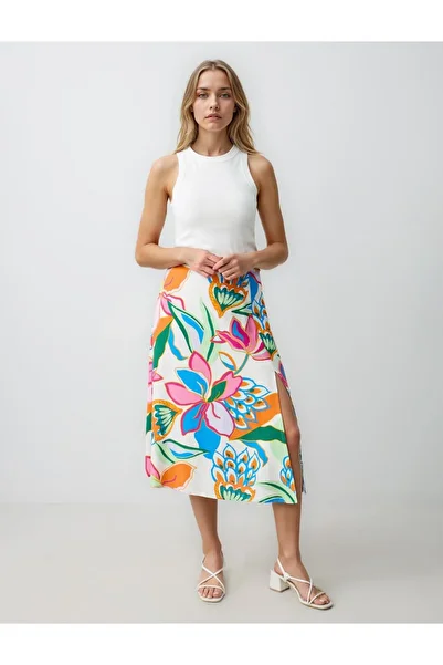 Jimmy Key Ecru Regular Waist Floral Patterned Linen Blended Midi Skirt