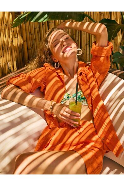 Jimmy Key Orange Long Sleeve Button Detailed Woven Shirt