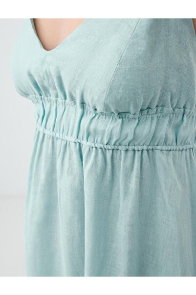 Jimmy Key Turkuaz %100 Keten Askılı V Yaka Midi Elbise
