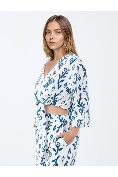 Jimmy Key Yeşil V Yaka Truvakar Kol Desenli Keten Karışımlı Gömlek