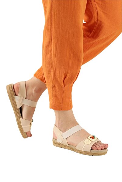 Liger Μπεζ γυναικεία σανδάλια - με ελαστικό και λεπτομέρεια από χάντρες