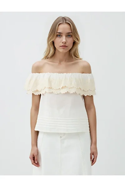 Jimmy Key Ecru 100% Cotton Short Sleeve Bardot Collar Embroidered Woven Blouse