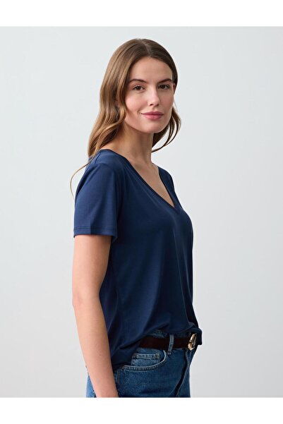 Jimmy Key Lacivert V Yaka Kısa Kollu Örme Modal Tişört