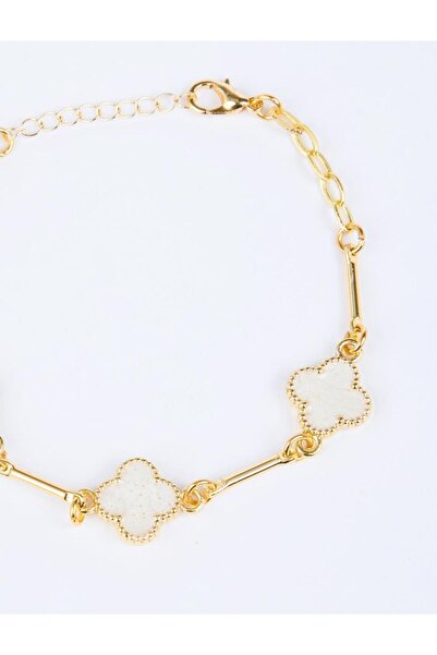 Jimmy Key Beyaz Parlak Yonca Figürlü Bileklik