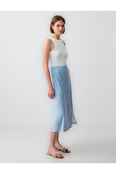 Jimmy Key Blue Floral Patterned Regular Waist Slit Midi Knitted Skirt