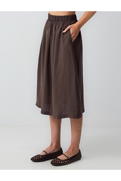 Jimmy Key Acı Kahve Rahat Kesim Yüksek Bel Dokuma Midi Etek