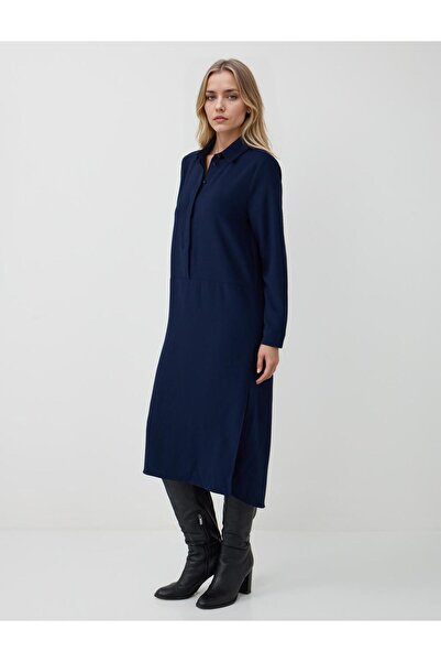 Jimmy Key Lacivert Rahat Kesim Gömlek Yaka Uzun Kollu Midi Elbise