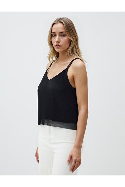 Jimmy Key Siyah Düz Kesim Askılı V Yaka Örme Bluz