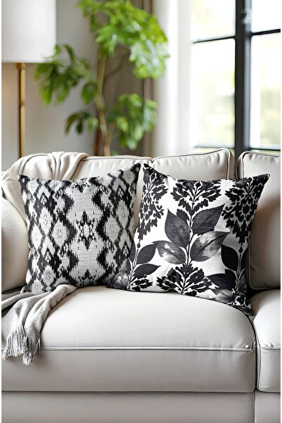 CANİLA غطاء وسادة مطبوع رقميًا بنمط زهرة باللونين الأبيض والأسود. مجموعة مزدوجة الجوانب مكونة من قطعتين