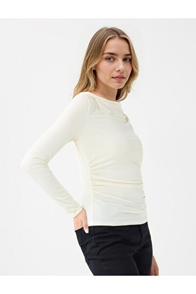 Jimmy Key Ekru Dar Kesim Uzun Kollu Degaje Yaka Örme Bluz