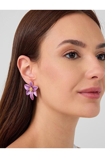Jimmy Key Shiny Modern Earrings with Purple Flower Figures