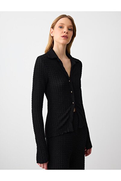 Jimmy Key Siyah Dar Kesim Gömlek Yaka Uzun Kollu Örme Bluz