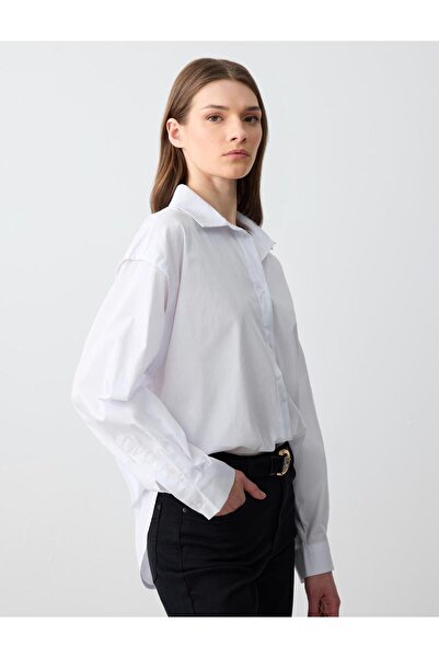 Jimmy Key Beyaz %100 Pamuk Rahat Kesim Uzun Kollu Poplin Dokuma Gömlek