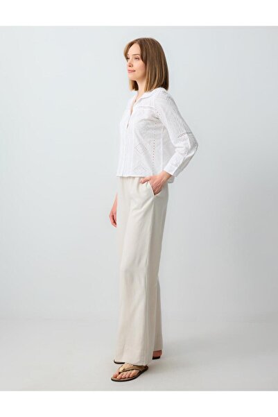 Jimmy Key Taş Rahat Kesim Yüksek Bel Bol Paça Uzun Keten Pantolon
