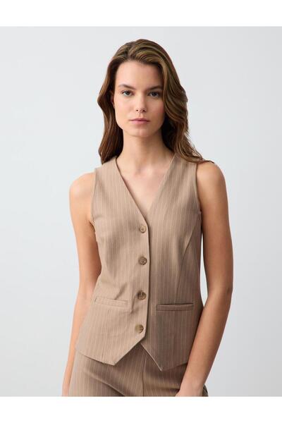 Jimmy Key Beige Slim Fit V-Neck Stripe Patterned Knitted Vest