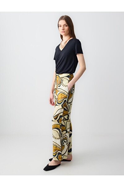 Jimmy Key Taş %100 Keten Rahat Kesim Yüksek Bel Bol Paça Desenli Pantolon