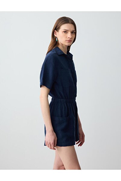 Jimmy Key Lacivert %100 Keten Kısa Kollu Gömlek Yaka Beli Lastikli Mini Tulum