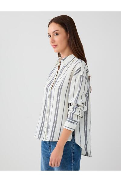 Jimmy Key İndigo Mavi %100 Keten Rahat Kesim Çizgili Keten Gömlek