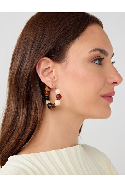 Jimmy Key Karışık Ahşap Görünümlü Boncuk Detaylı Halka Küpe