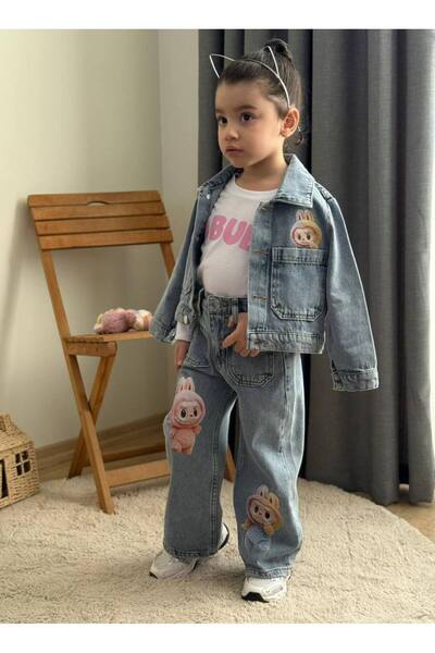 Çamur Kids Labubu Printed 3-Piece Girls' Jeans Set - Jacket, T-Shirt, Jean Pants, Ages 3-10